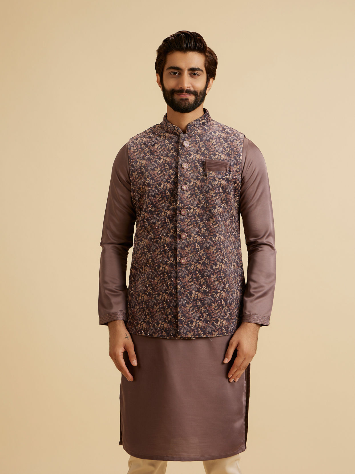 Manyavar Men Lustrous Lilac Velvet Kurta Jacket Set