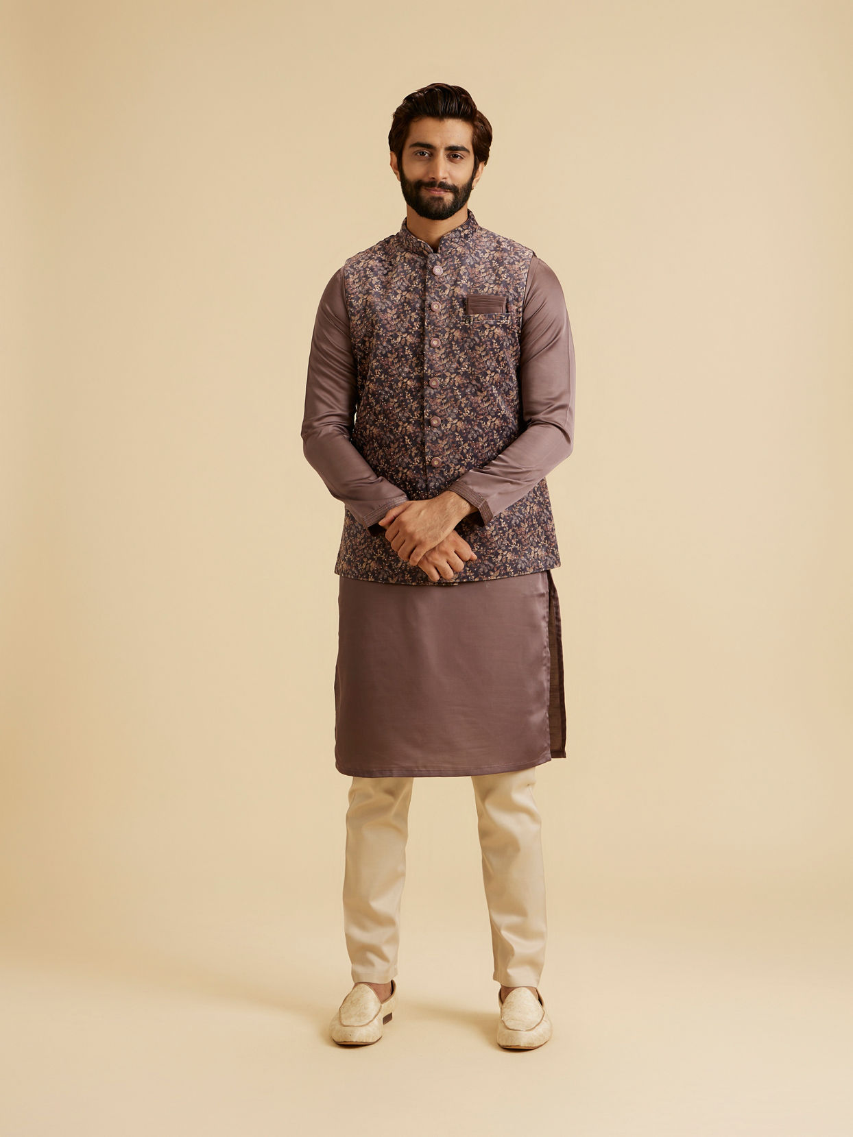 Manyavar Men Lustrous Lilac Velvet Kurta Jacket Set