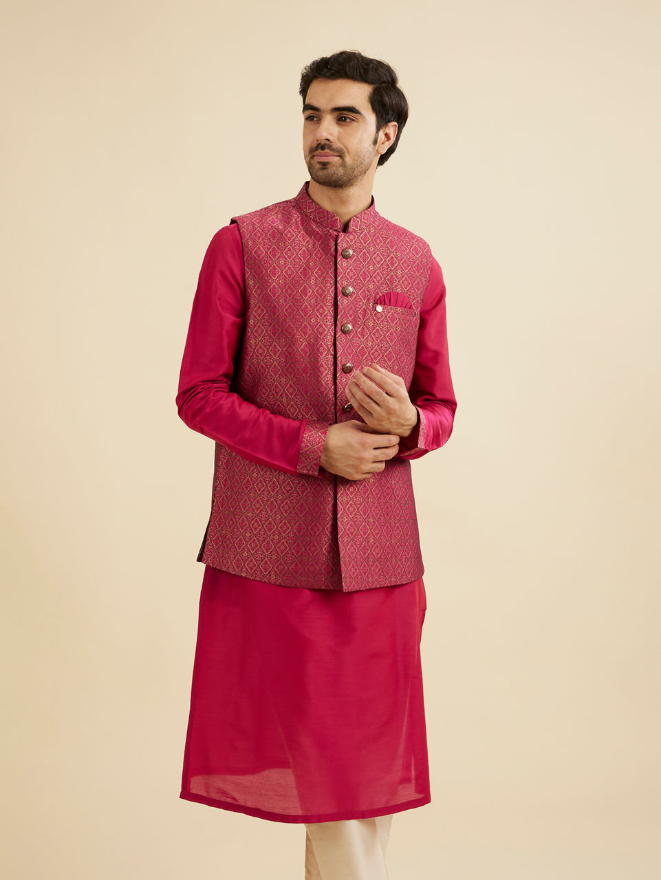 Manyavar Men Radiant Pink Brocade Kurta Jacket Set
