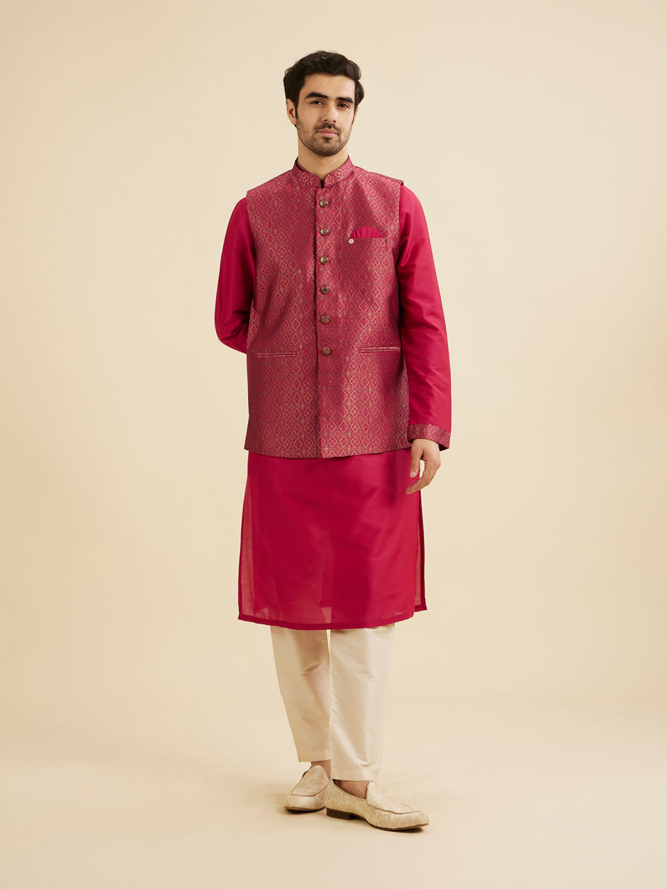 Manyavar Men Radiant Pink Brocade Kurta Jacket Set