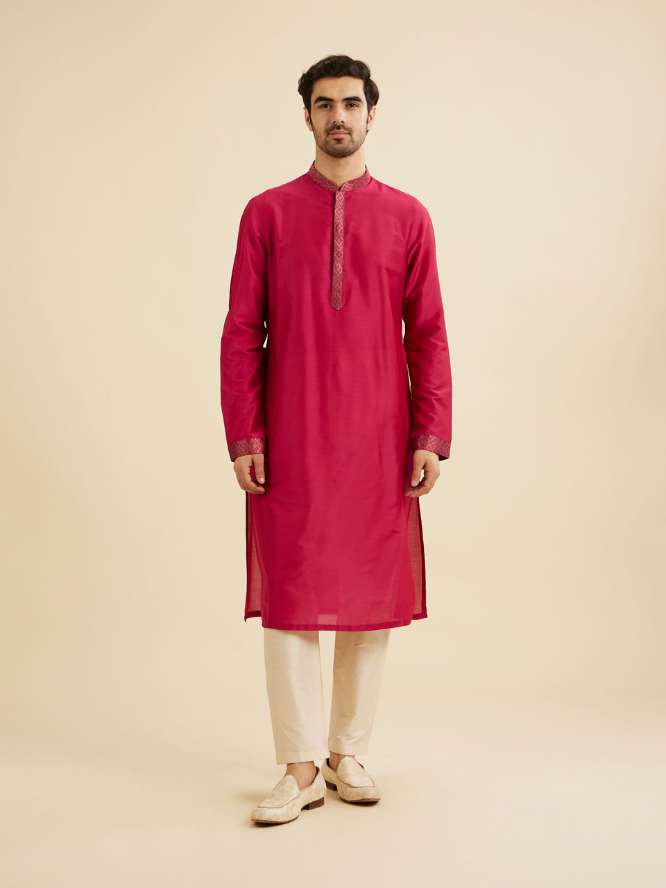 Manyavar Men Radiant Pink Brocade Kurta Jacket Set