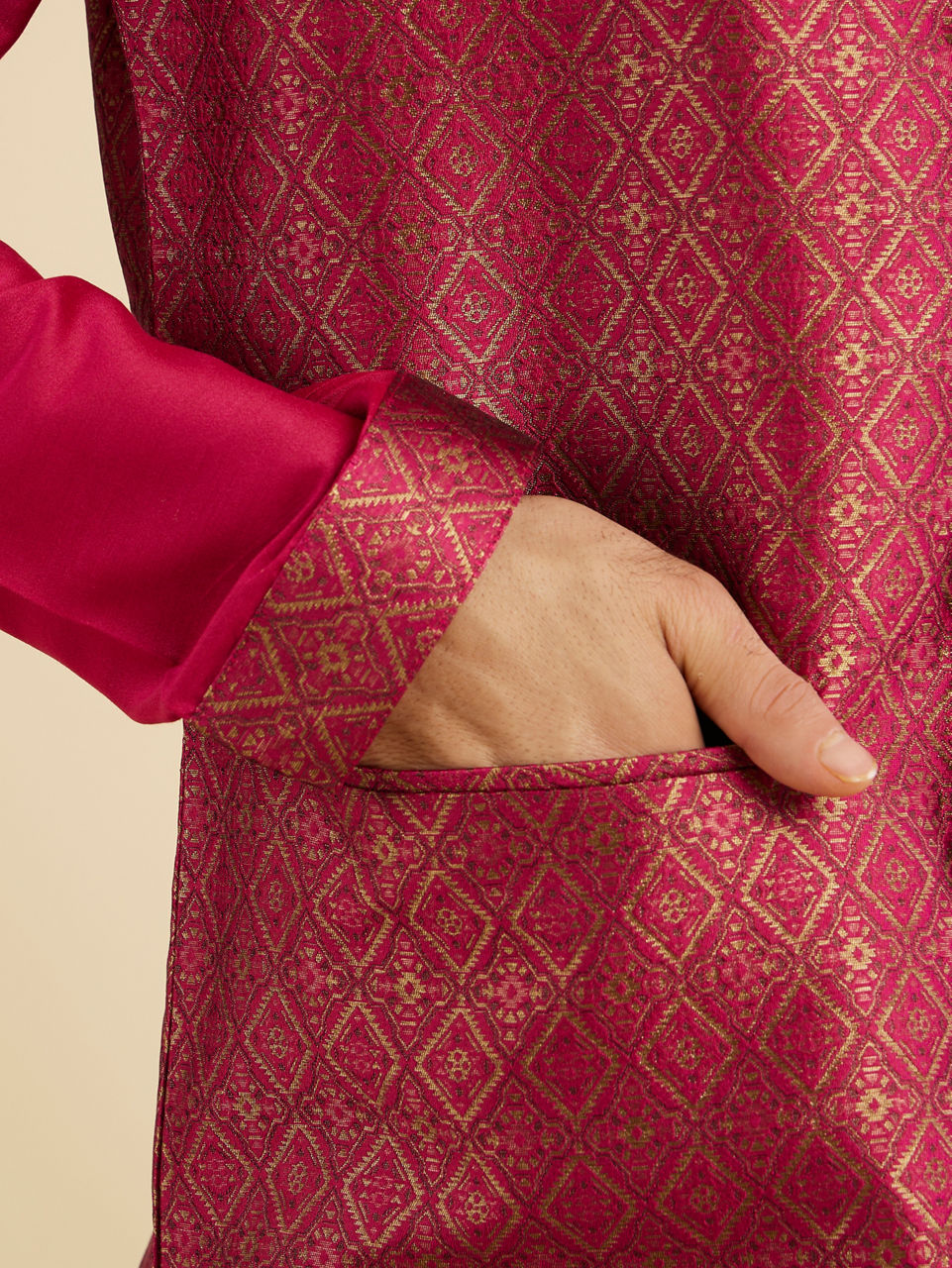 Manyavar Men Radiant Pink Brocade Kurta Jacket Set