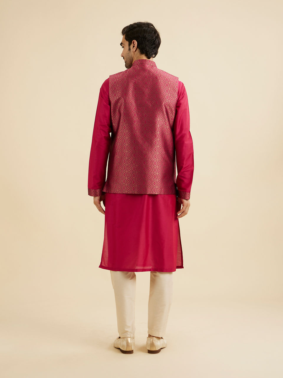 Manyavar Men Radiant Pink Brocade Kurta Jacket Set