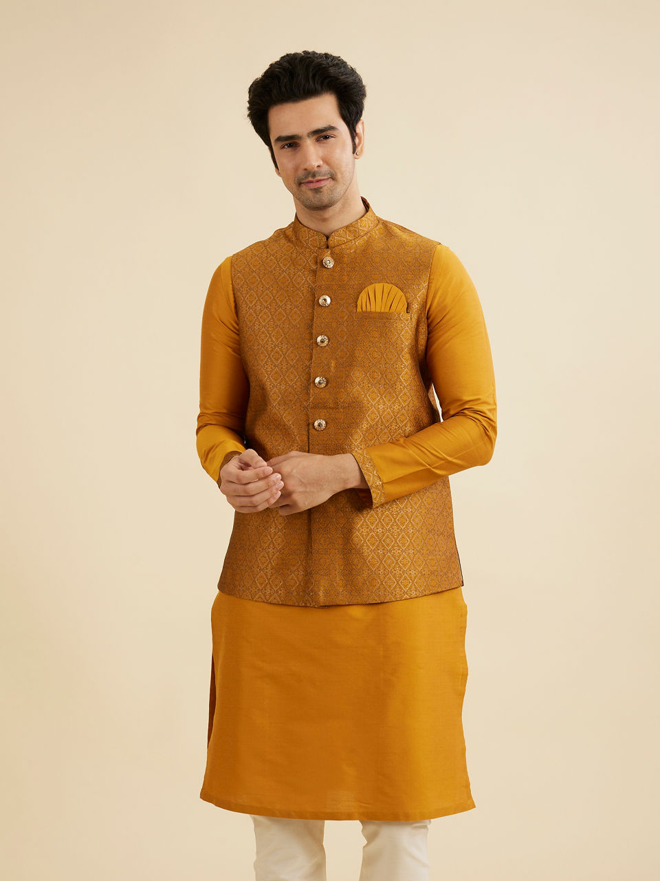 Manyavar Men Royal Mustard Kurta Jacket Set
