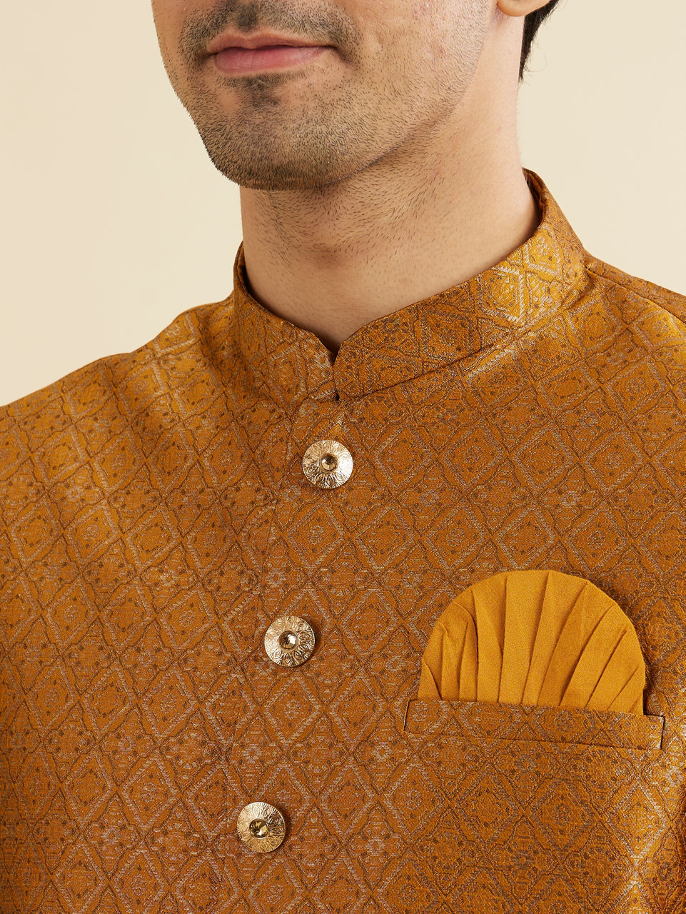 Manyavar Men Royal Mustard Kurta Jacket Set