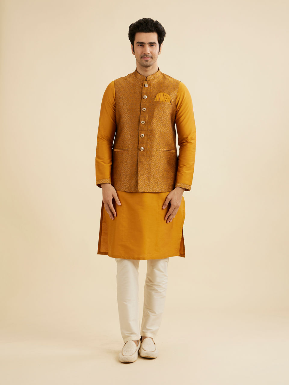 Manyavar Men Royal Mustard Kurta Jacket Set