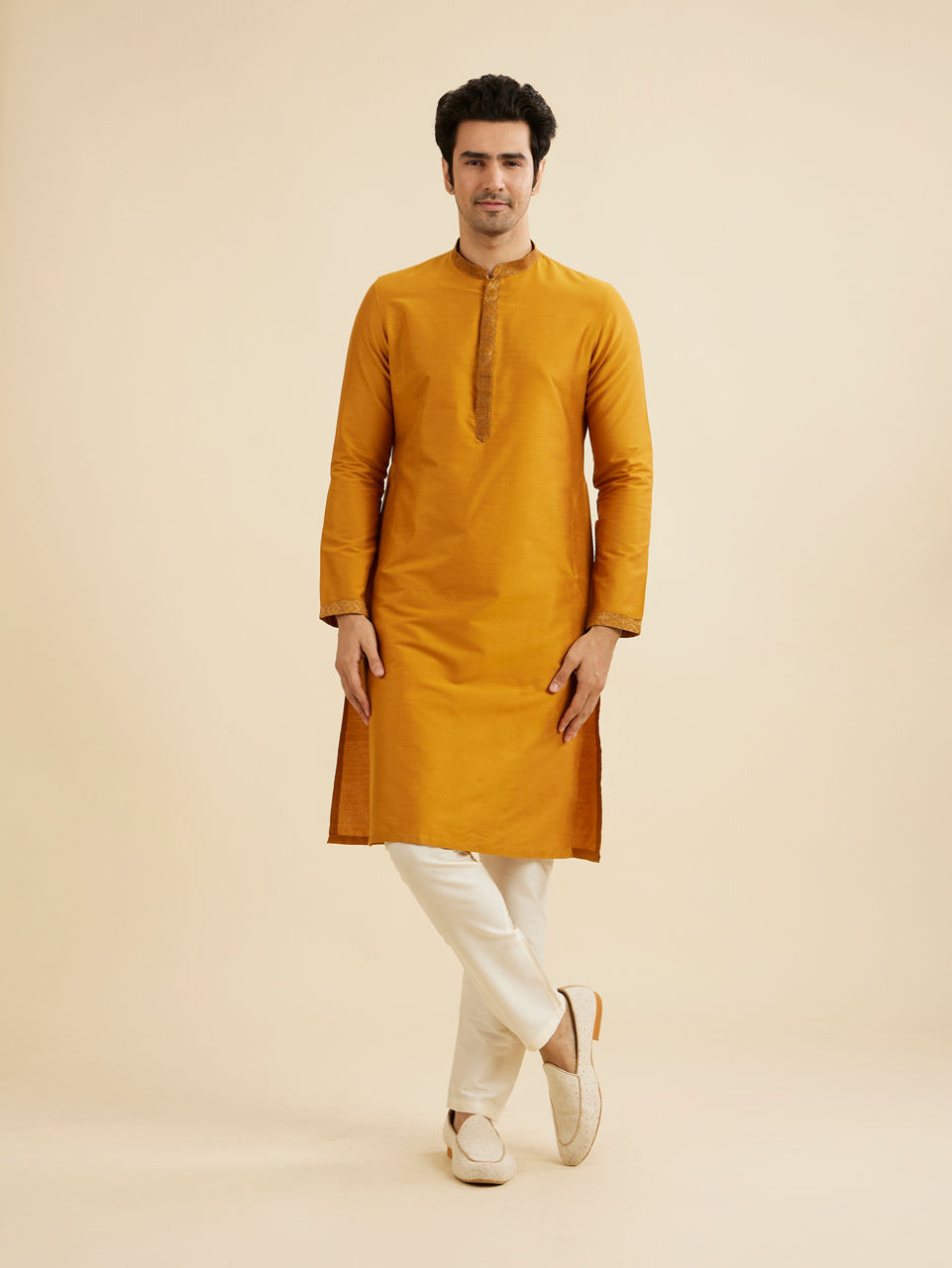 Manyavar Men Royal Mustard Kurta Jacket Set