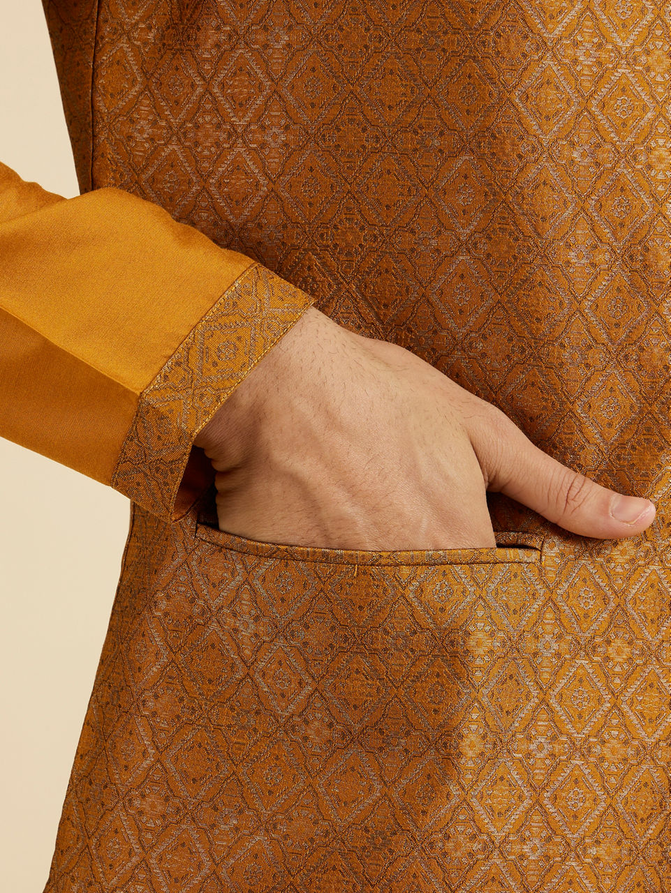 Manyavar Men Royal Mustard Kurta Jacket Set