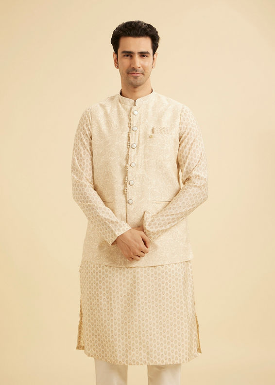 Manyavar Men Elegant Beige Kurta Jacket Set