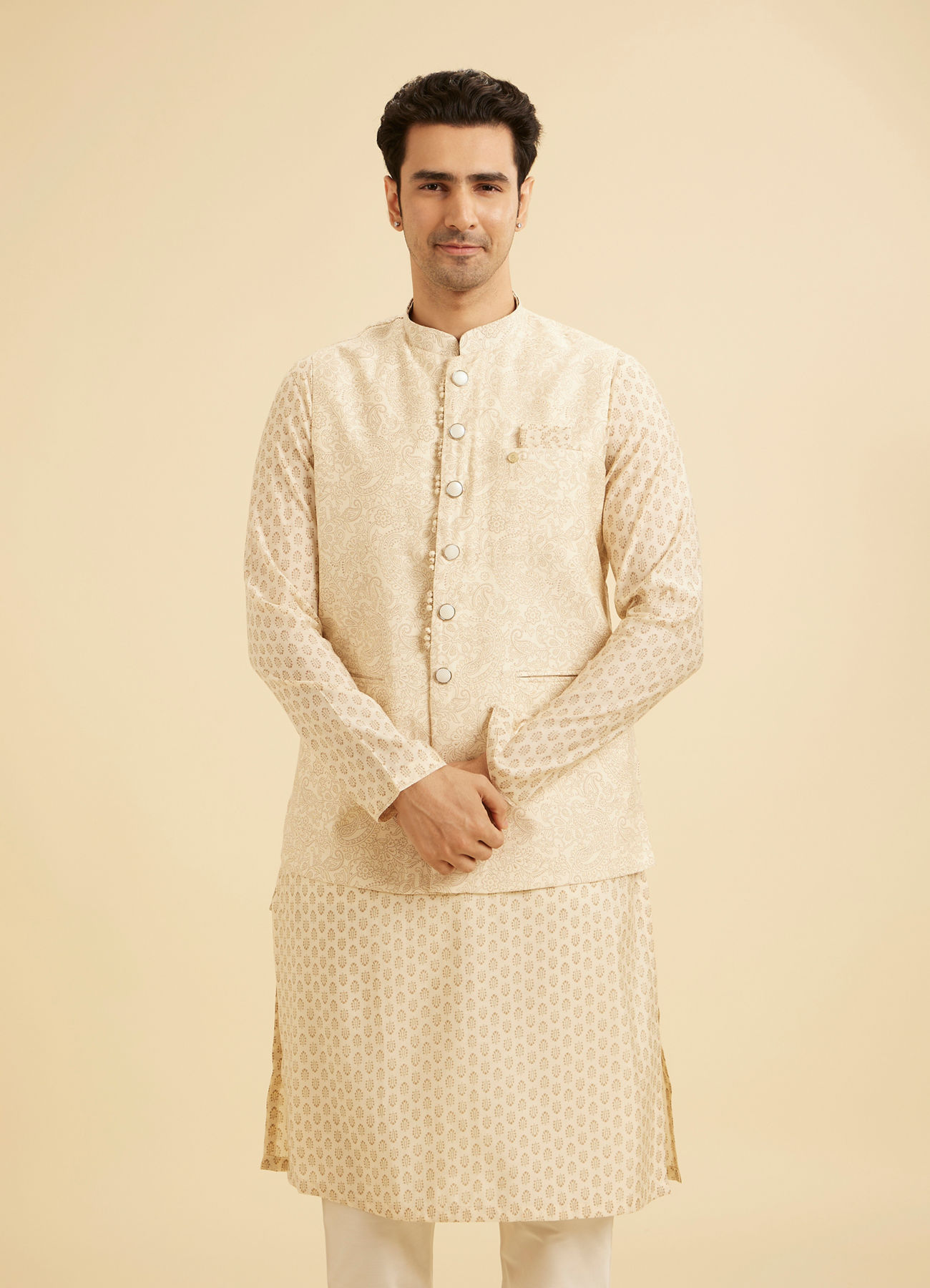 Manyavar Men Elegant Beige Kurta Jacket Set