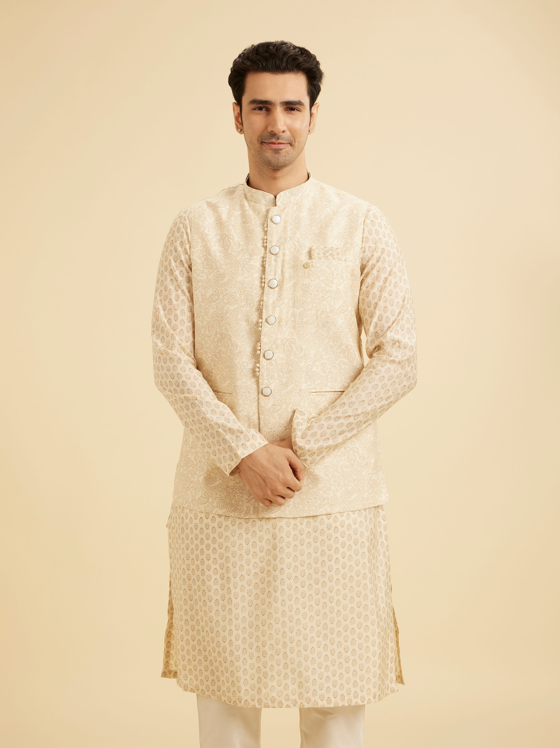 Manyavar Men Elegant Beige Kurta Jacket Set