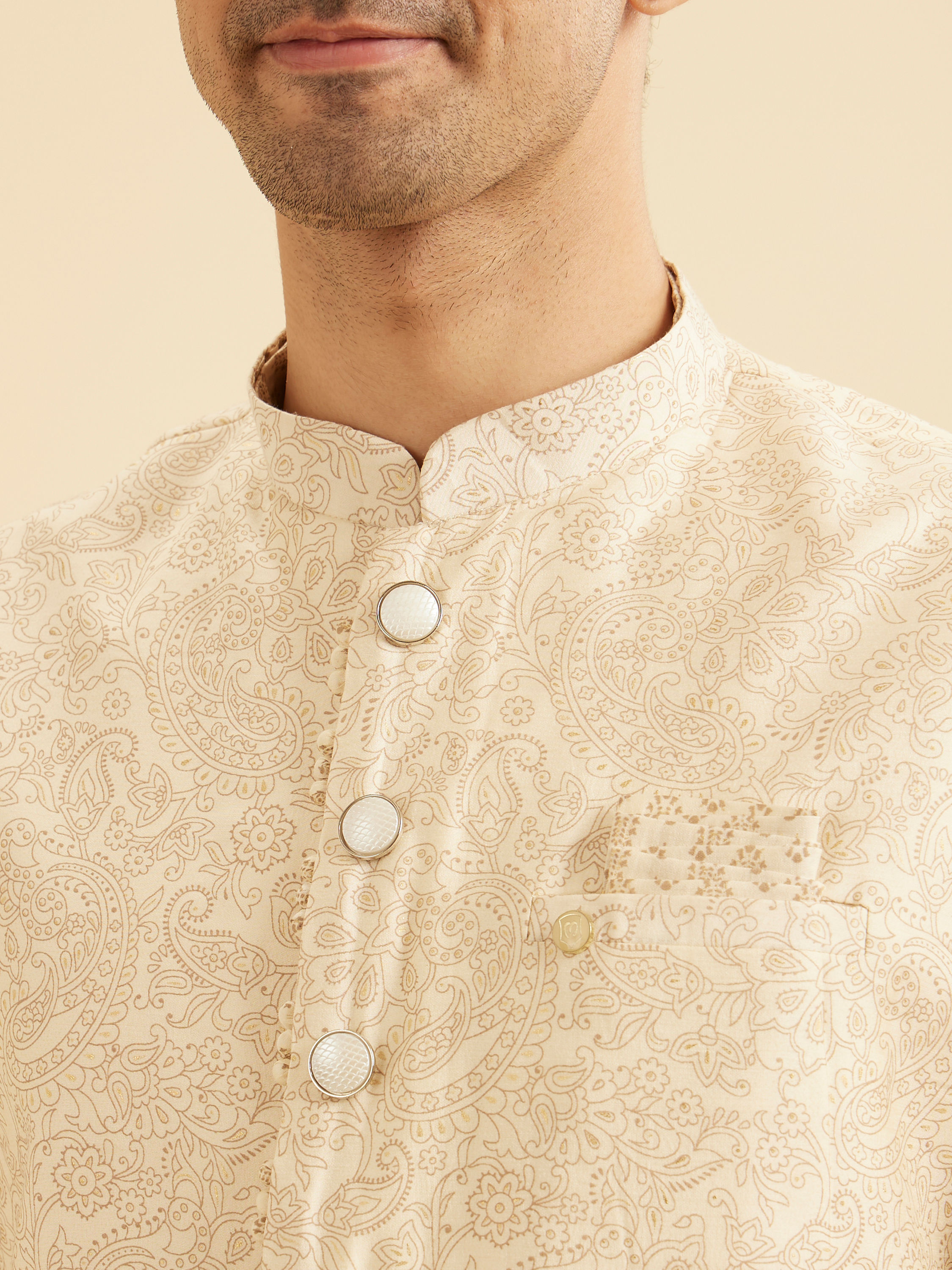 Manyavar Men Elegant Beige Kurta Jacket Set