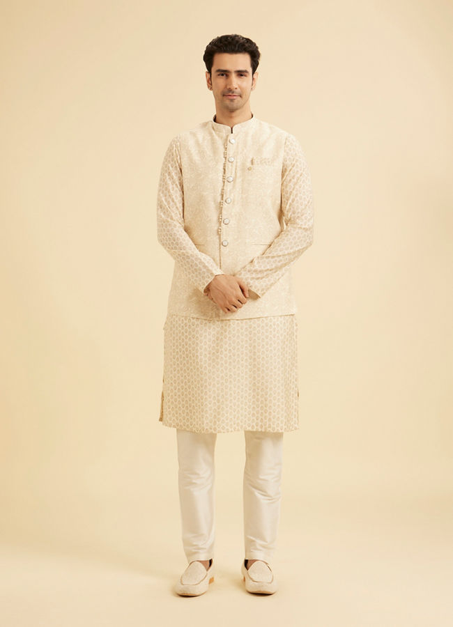 Manyavar Men Elegant Beige Kurta Jacket Set