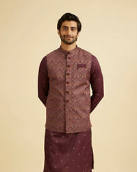 Manyavar Men Wine Satin Elegance Kurta Jacket Set