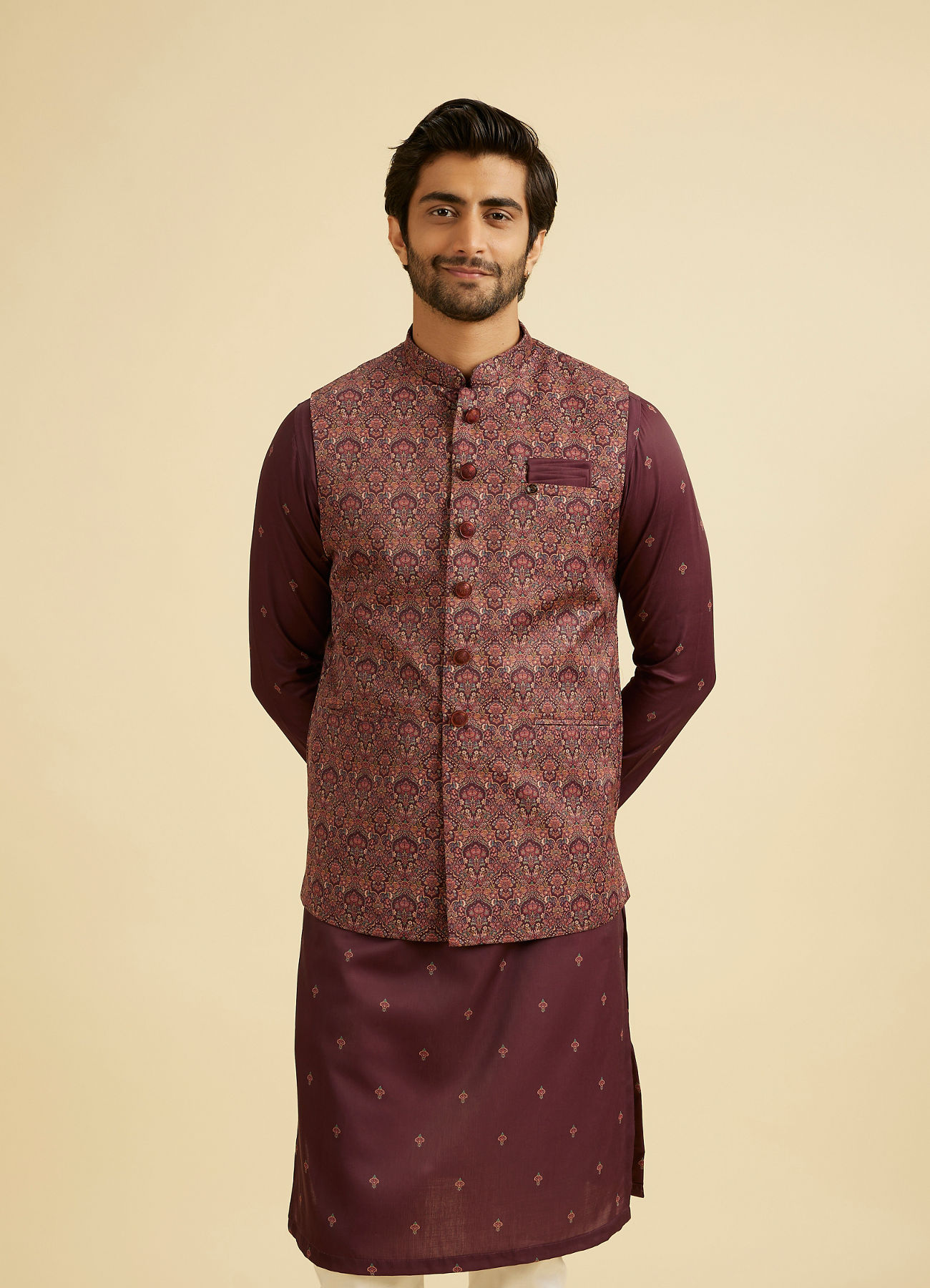 Manyavar Men Wine Satin Elegance Kurta Jacket Set