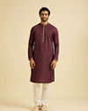 Manyavar Men Wine Satin Elegance Kurta Jacket Set