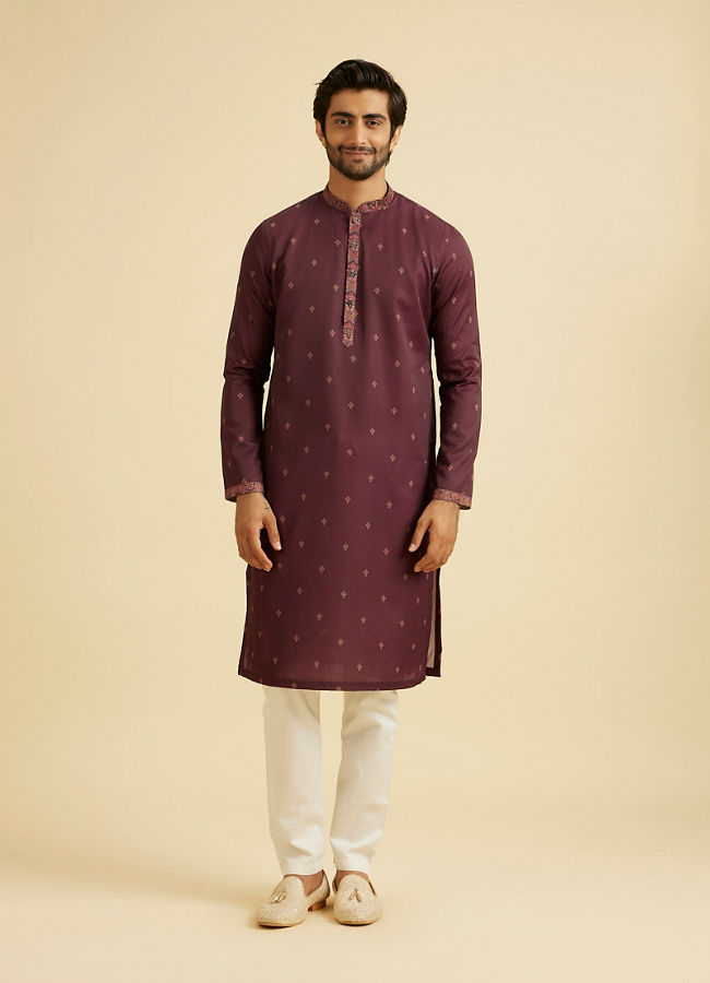 Manyavar Men Wine Satin Elegance Kurta Jacket Set