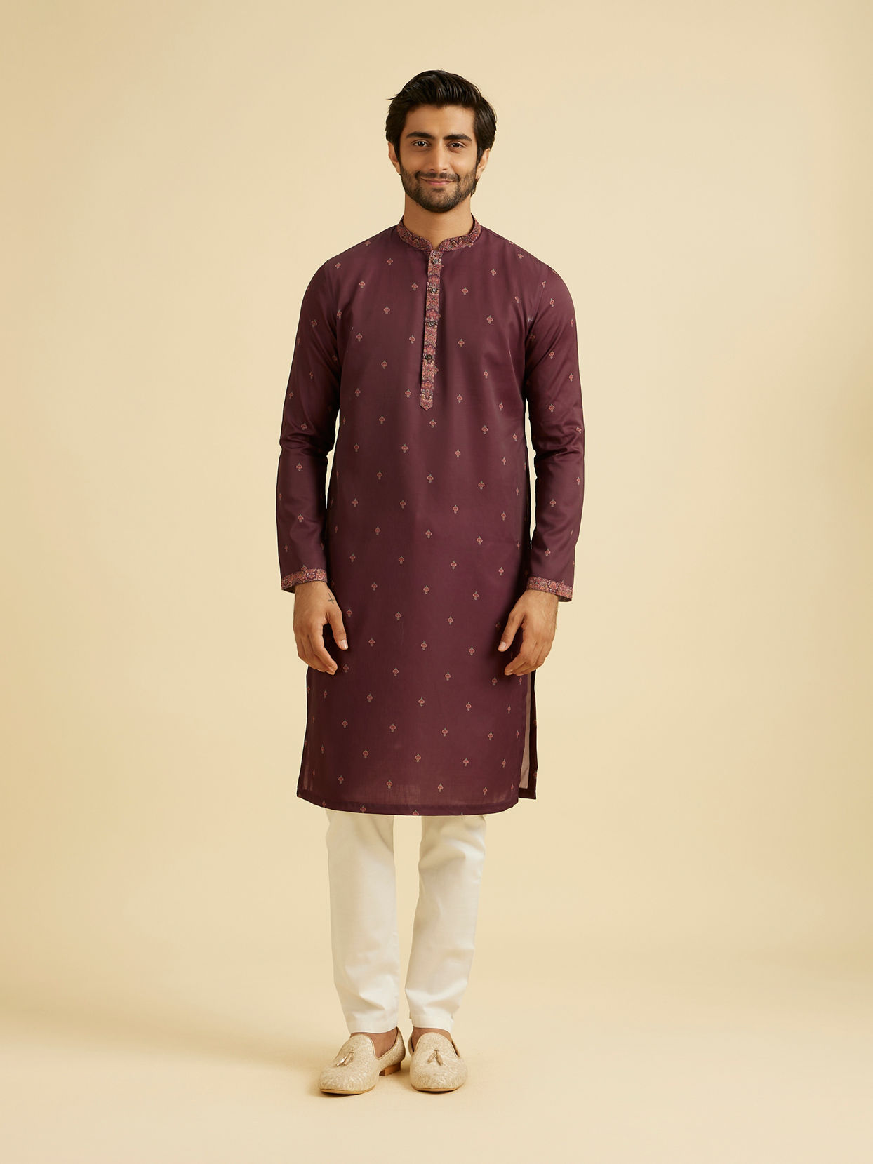 Manyavar Men Wine Satin Elegance Kurta Jacket Set