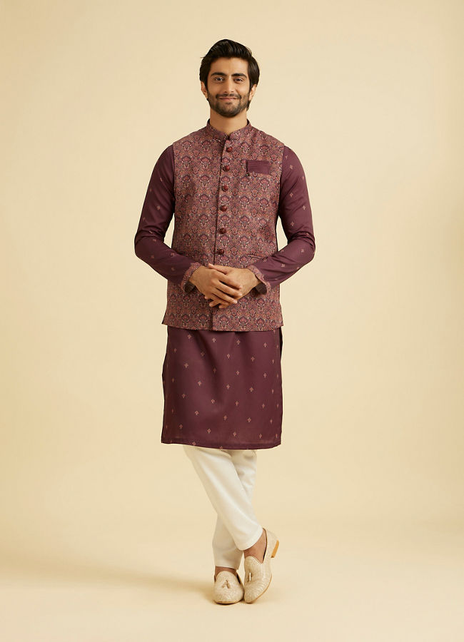 Manyavar Men Wine Satin Elegance Kurta Jacket Set