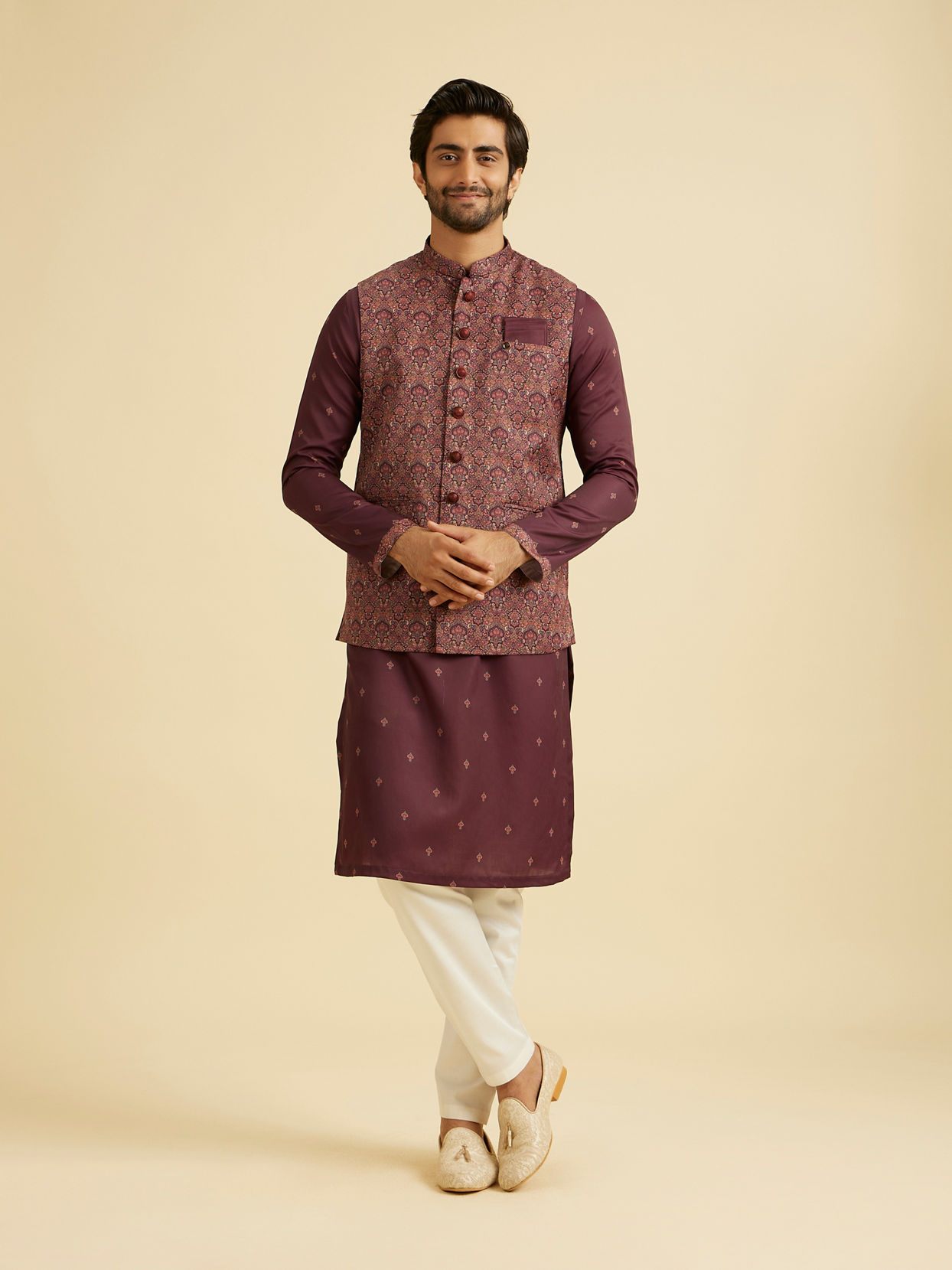 Manyavar Men Wine Satin Elegance Kurta Jacket Set