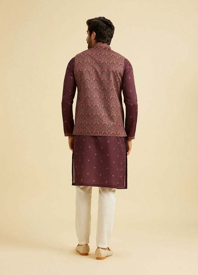 Manyavar Men Wine Satin Elegance Kurta Jacket Set