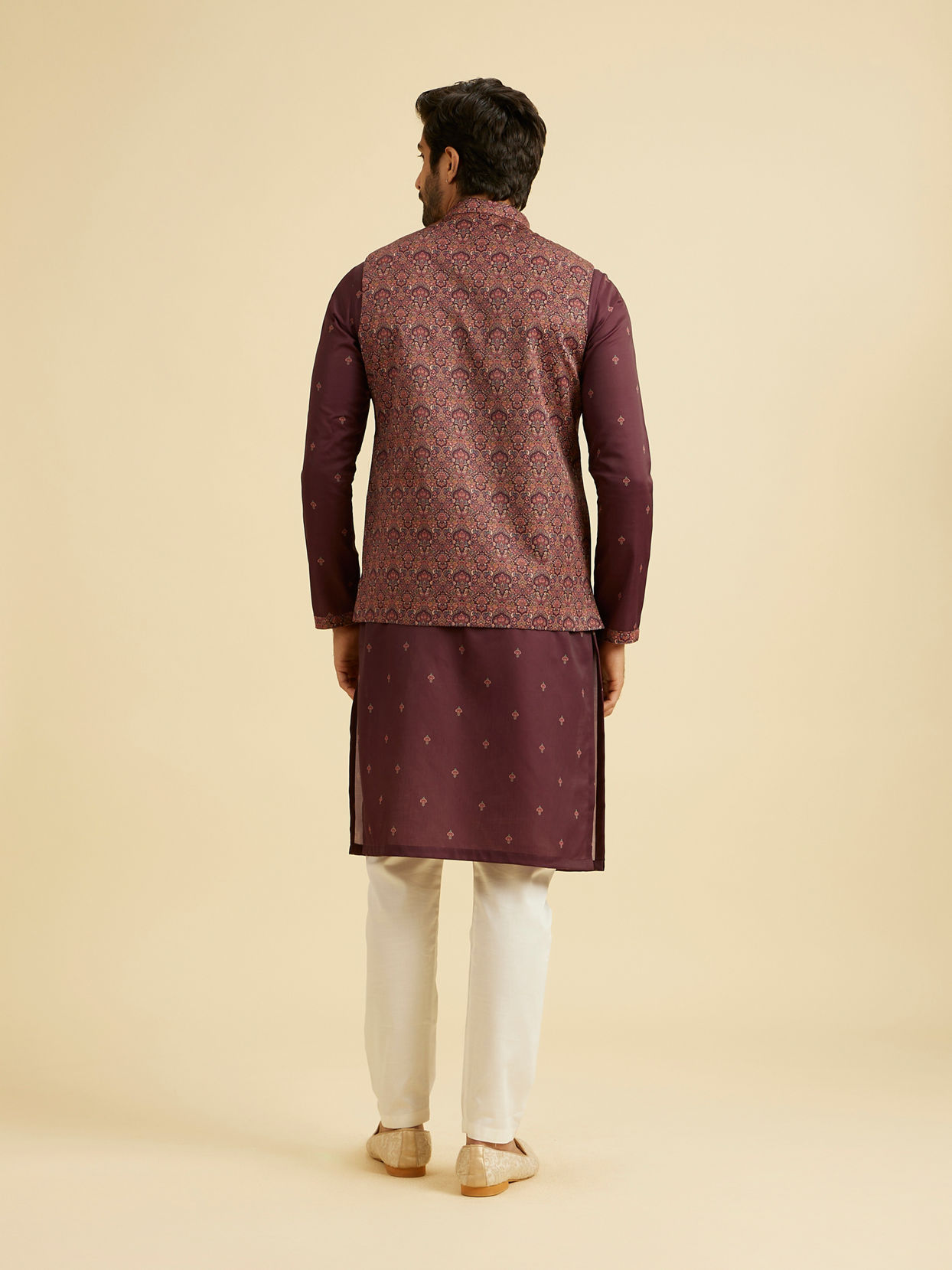 Manyavar Men Wine Satin Elegance Kurta Jacket Set