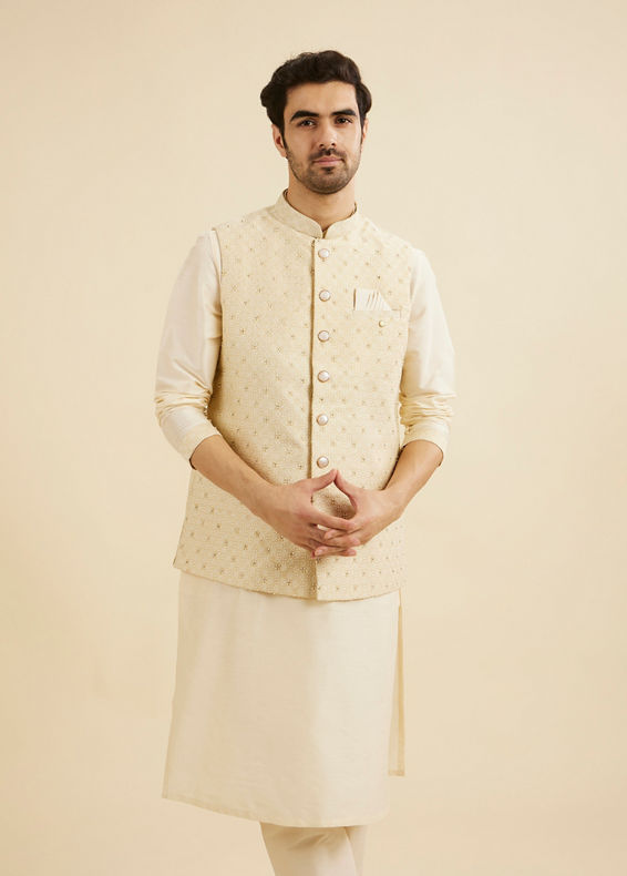 Manyavar Men Cream Beige Floral Buta Embroidered Jacket Set