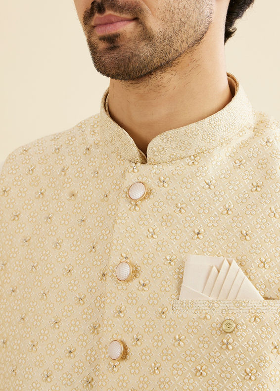 Manyavar Men Cream Beige Floral Buta Embroidered Jacket Set