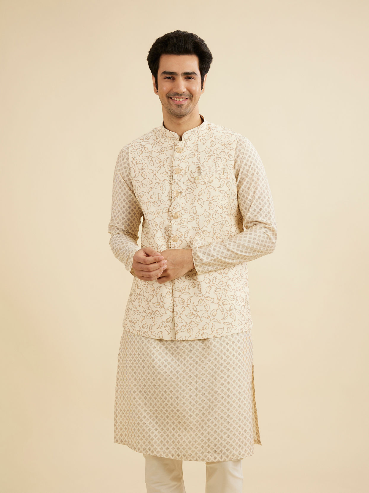 Manyavar Men Cream Elegance Kurta Jacket Set