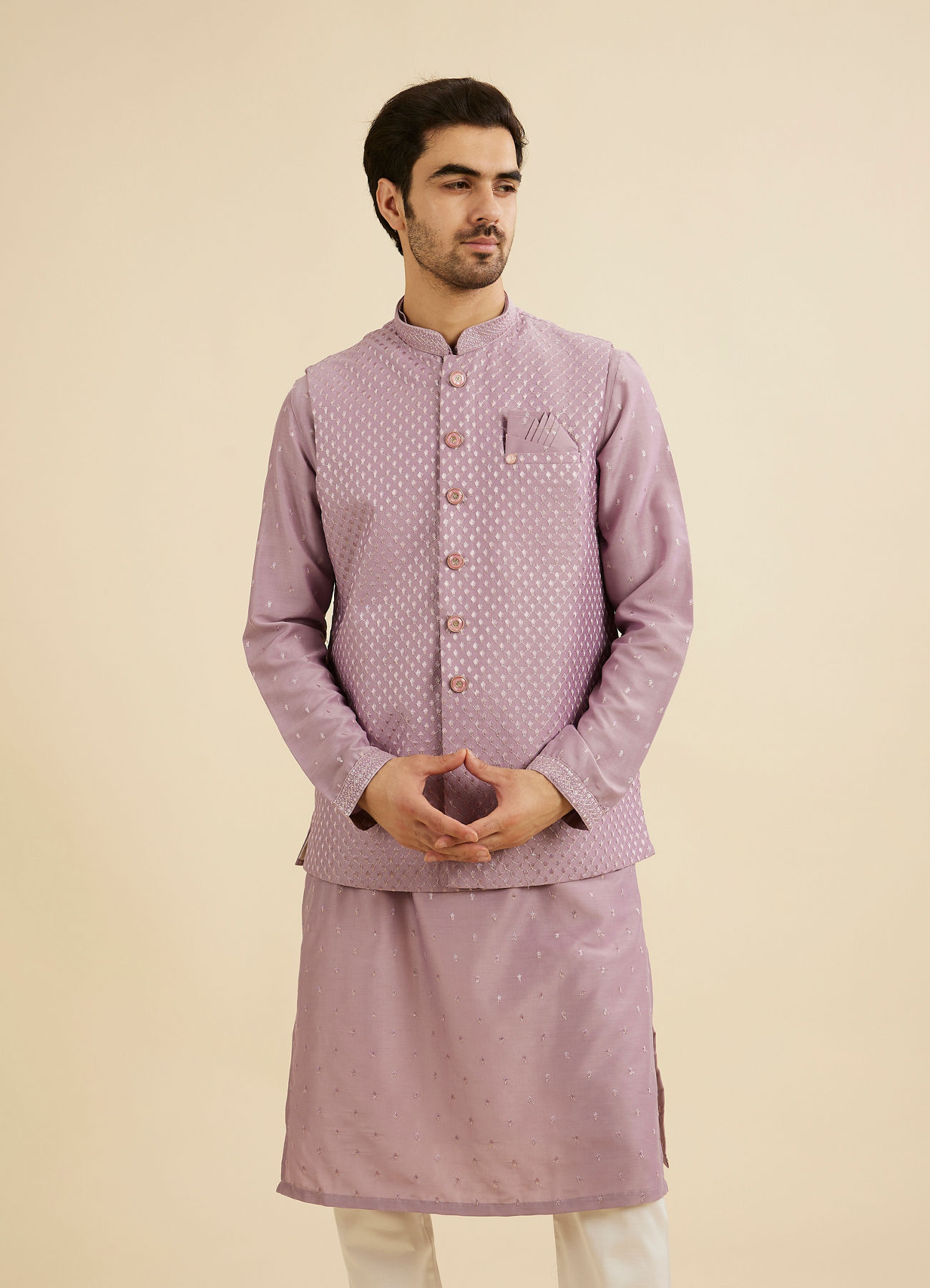 Manyavar Men Soft Lilac Jacket Set with Ditsy Diamond Motifs