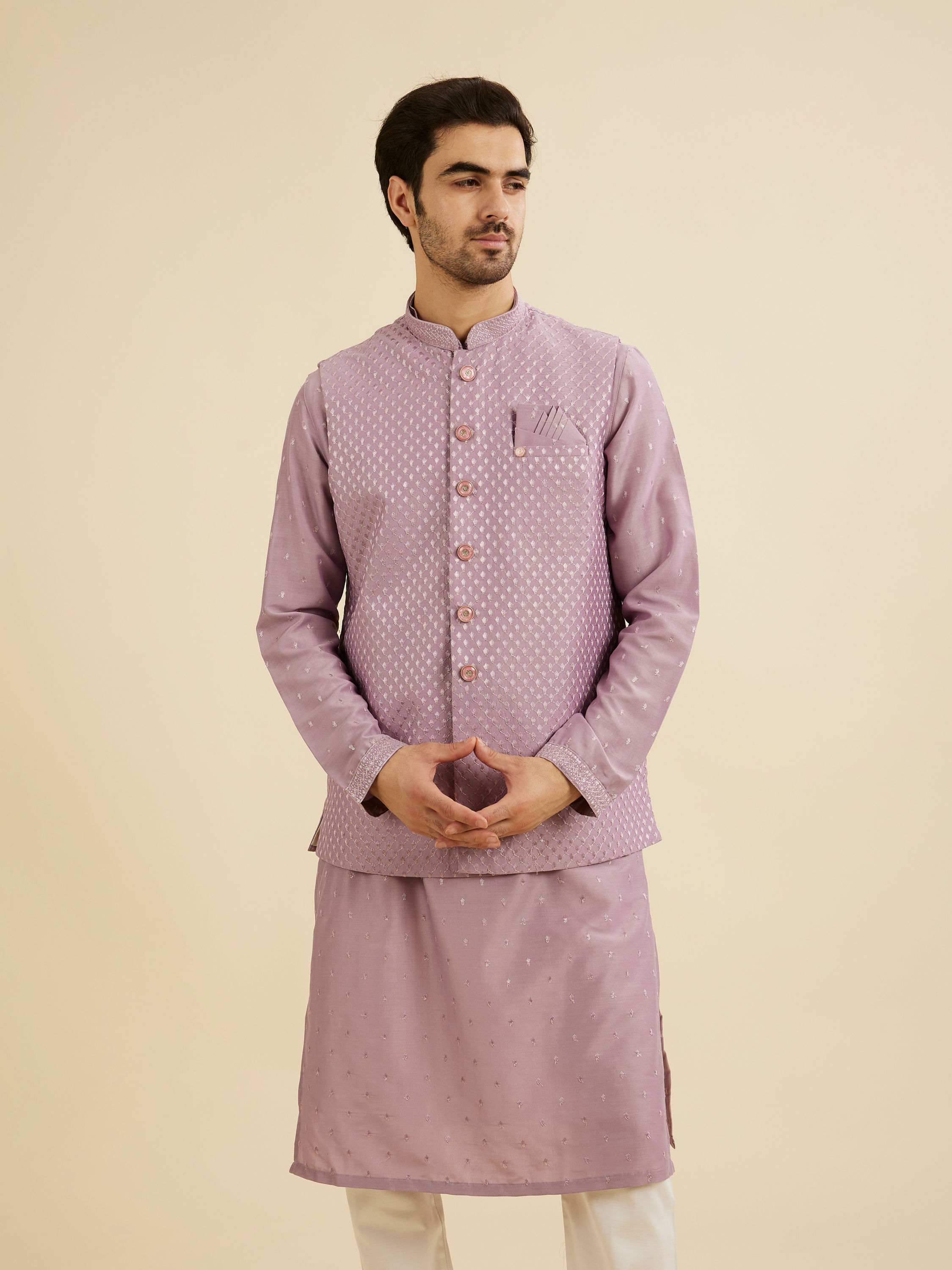 Manyavar Men Soft Lilac Jacket Set with Ditsy Diamond Motifs