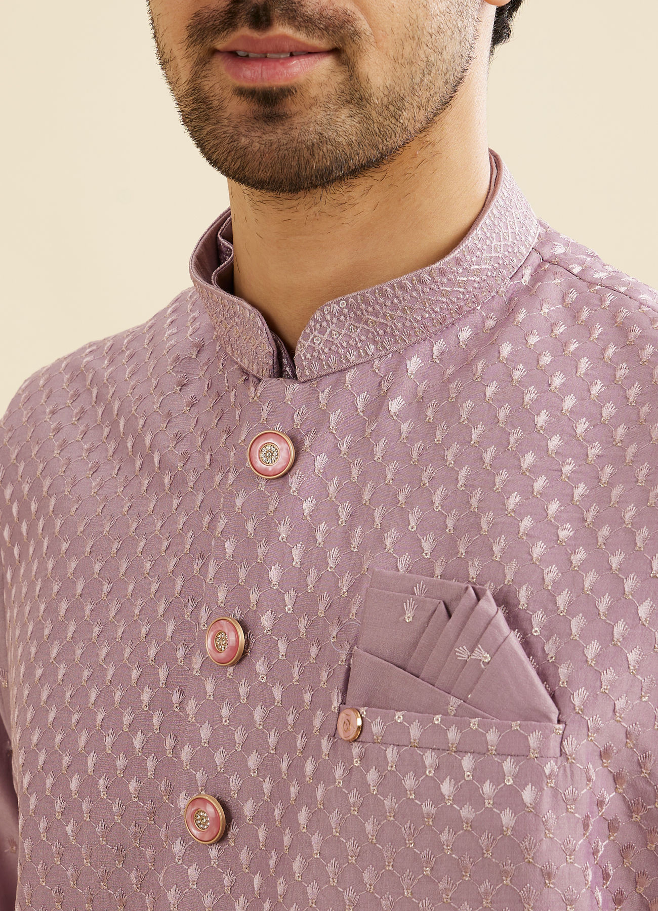 Manyavar Men Soft Lilac Jacket Set with Ditsy Diamond Motifs