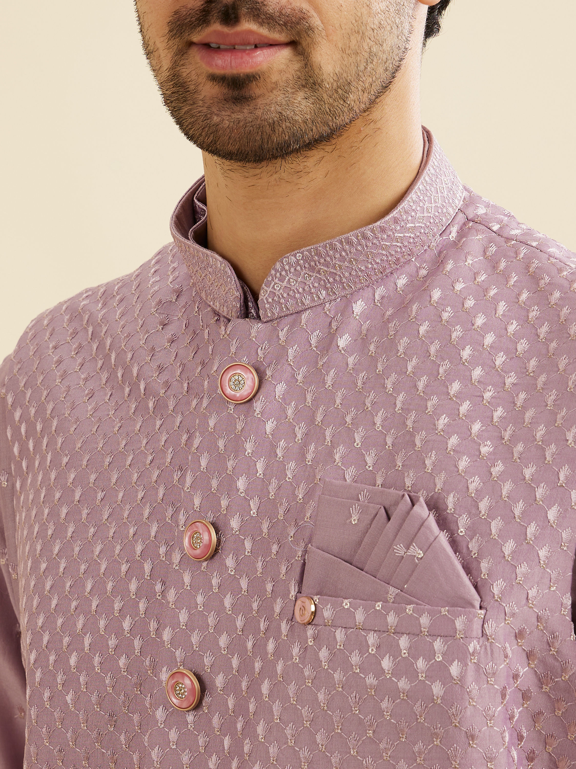 Manyavar Men Soft Lilac Jacket Set with Ditsy Diamond Motifs