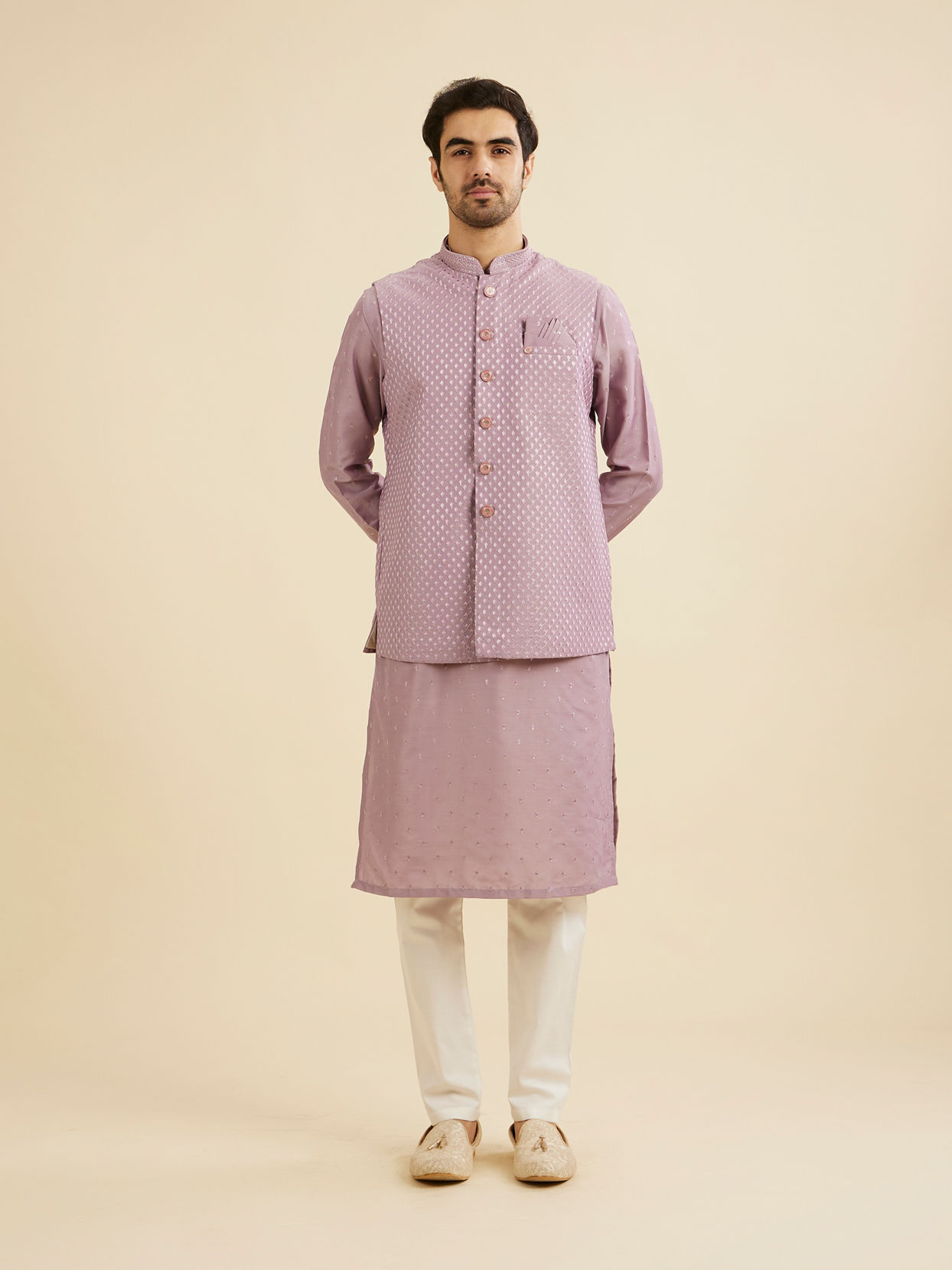 Manyavar Men Soft Lilac Jacket Set with Ditsy Diamond Motifs