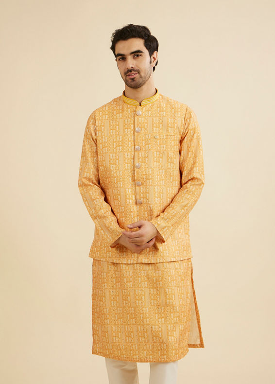 Manyavar Men Mustard Yellow Jaali Printed Jacket Set