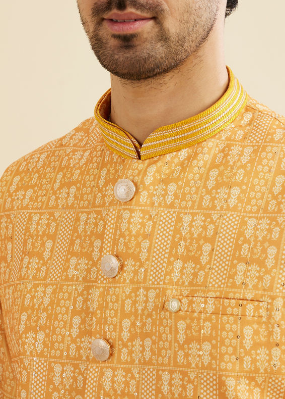 Manyavar Men Mustard Yellow Jaali Printed Jacket Set