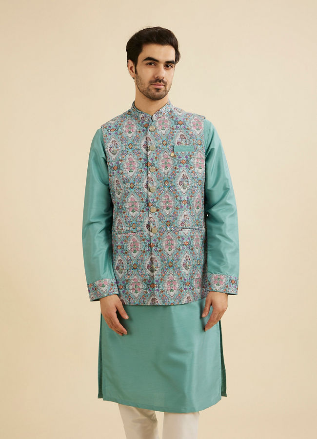 Manyavar Men Aqua Green Elegance Kurta Jacket Set