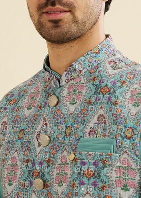 Manyavar Men Aqua Green Elegance Kurta Jacket Set