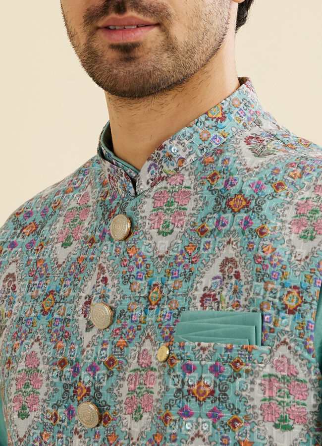 Manyavar Men Aqua Green Elegance Kurta Jacket Set