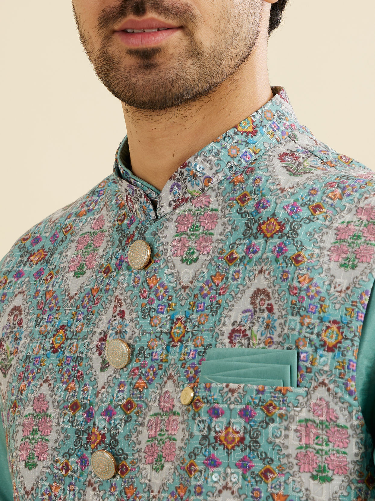 Manyavar Men Aqua Green Elegance Kurta Jacket Set