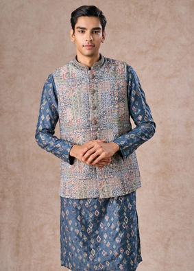 Manyavar Men Greyish Blue Kurta Jacket Set