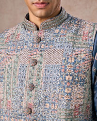 Manyavar Men Greyish Blue Kurta Jacket Set
