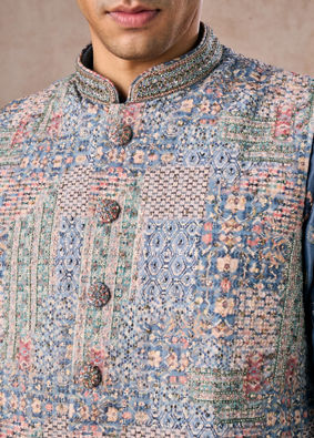 Manyavar Men Greyish Blue Kurta Jacket Set