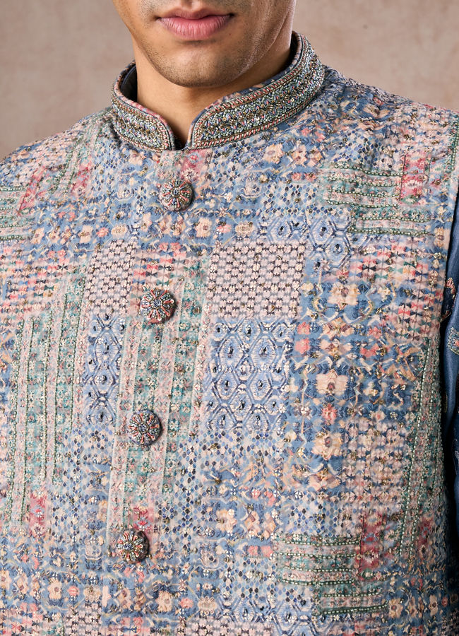 Manyavar Men Greyish Blue Kurta Jacket Set