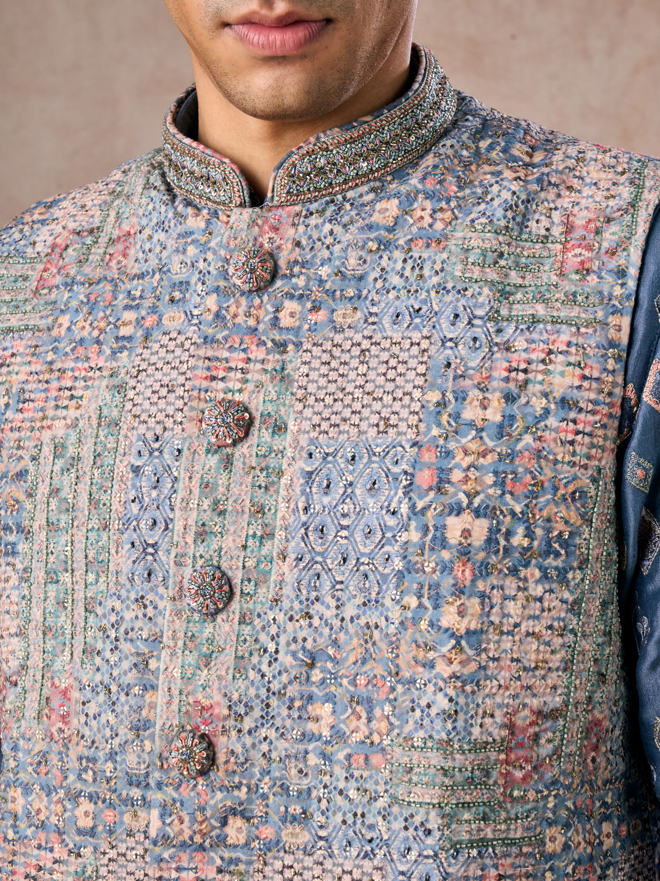 Manyavar Men Greyish Blue Kurta Jacket Set