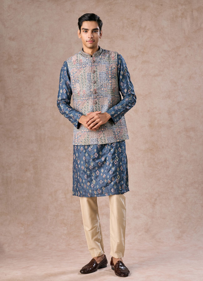 Manyavar Men Greyish Blue Kurta Jacket Set