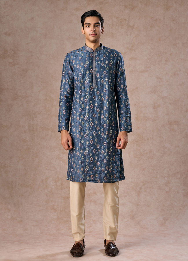 Manyavar Men Greyish Blue Kurta Jacket Set