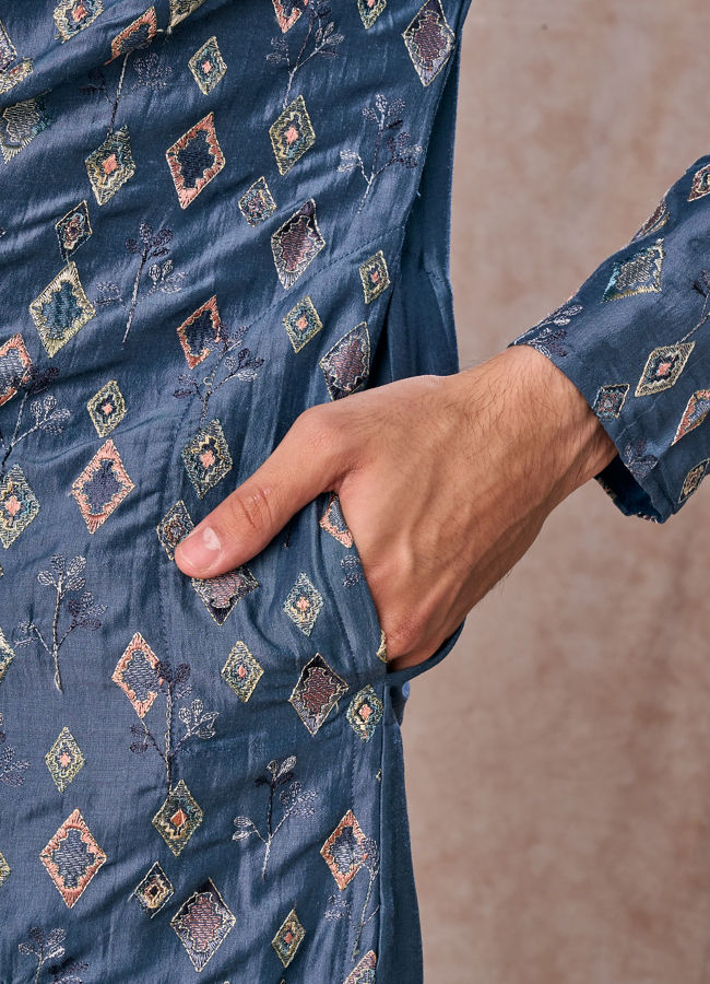Manyavar Men Greyish Blue Kurta Jacket Set