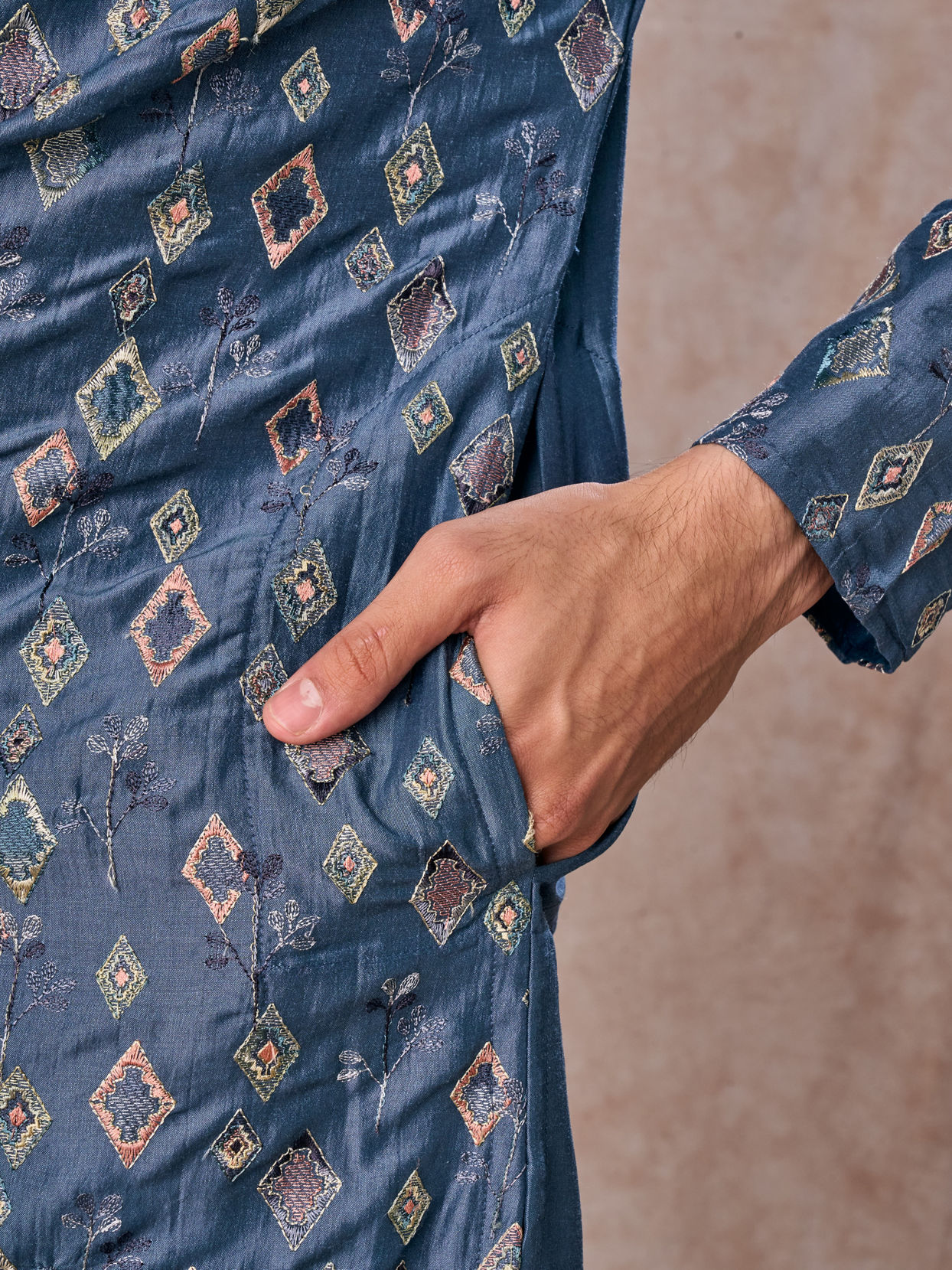 Manyavar Men Greyish Blue Kurta Jacket Set