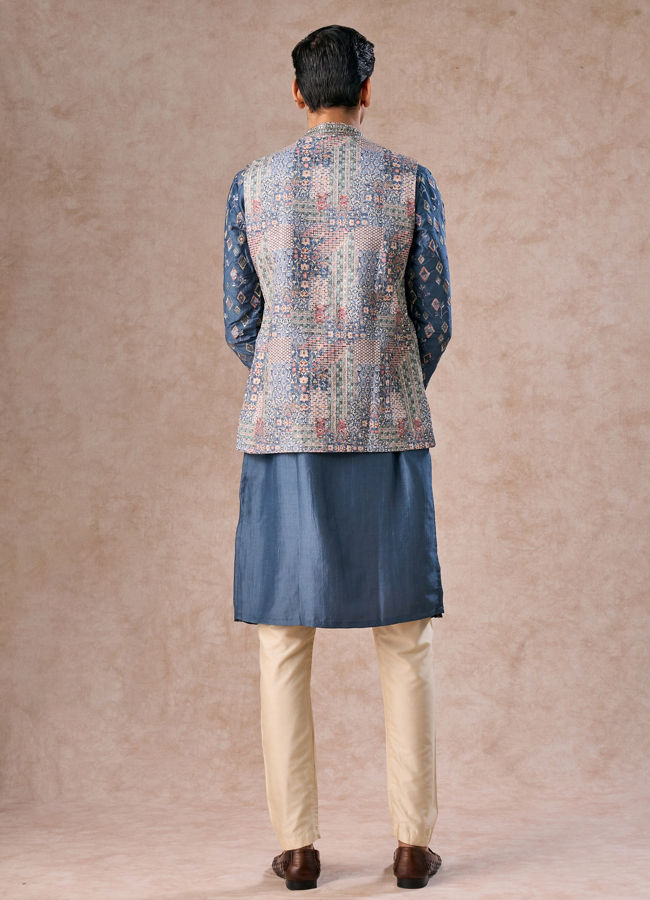Manyavar Men Greyish Blue Kurta Jacket Set
